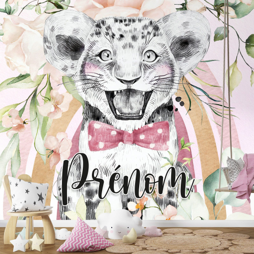 Papier peint panoramique enfant avec prénom personnalisable - Lion Nœud Papillon