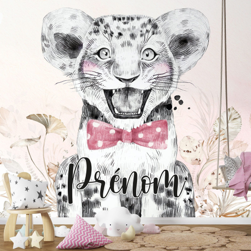 Papier peint panoramique enfant avec prénom personnalisable - Lion Nœud Papillon