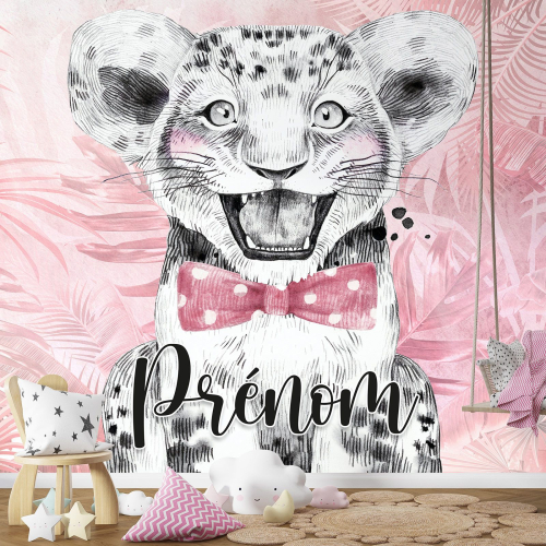Papier peint panoramique enfant avec prénom personnalisable - Lion Nœud Papillon