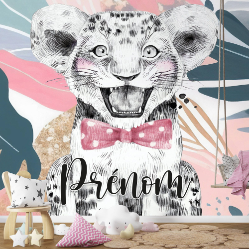 Papier peint panoramique enfant avec prénom personnalisable - Lion Nœud Papillon