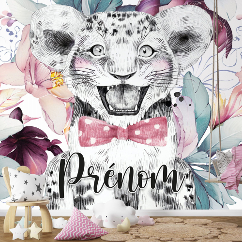 Papier peint panoramique enfant avec prénom personnalisable - Lion Nœud Papillon