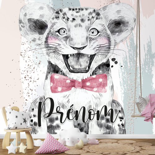 Papier peint panoramique enfant avec prénom personnalisable - Lion Nœud Papillon
