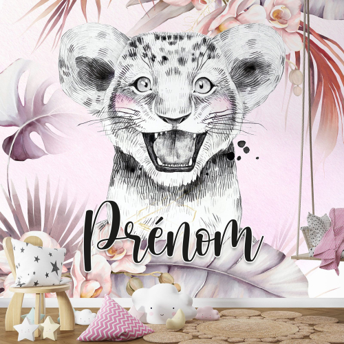 Papier peint panoramique enfant avec prénom personnalisable - Lionceau