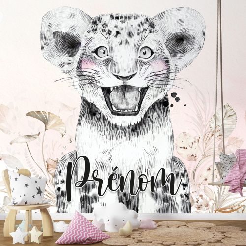 Papier peint panoramique enfant avec prénom personnalisable - Lionceau