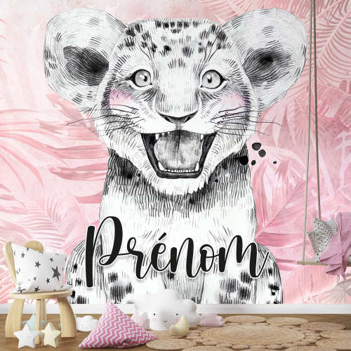 Papier peint panoramique enfant avec prénom personnalisable - Lionceau