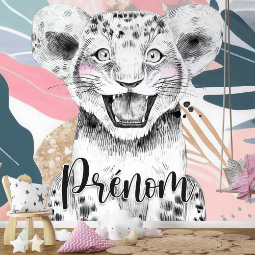 Papier peint panoramique enfant avec prénom personnalisable - Lionceau