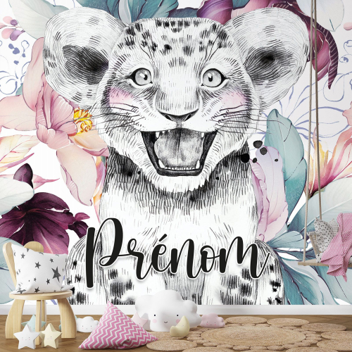 Papier peint panoramique enfant avec prénom personnalisable - Lionceau