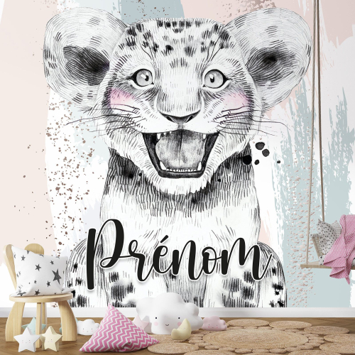 Papier peint panoramique enfant avec prénom personnalisable - Lionceau