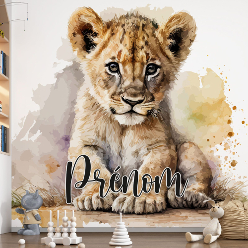 Papier peint panoramique enfant avec prénom personnalisable - Lionceau