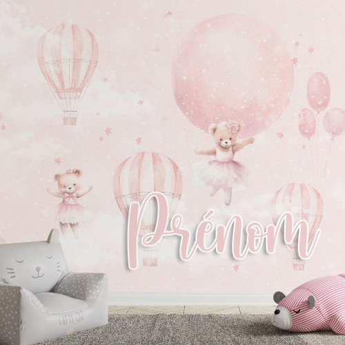 Papier peint panoramique enfant avec prénom personnalisable - Montgolfières