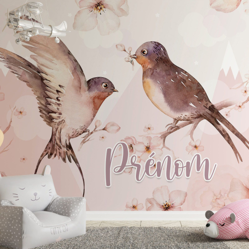 Papier peint panoramique enfant avec prénom personnalisable - Oiseaux