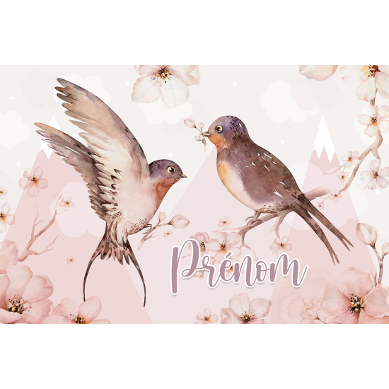 Papier peint panoramique enfant avec prénom personnalisable - Oiseaux