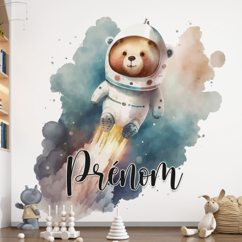 Papier peint panoramique enfant avec prénom personnalisable - Ours Astronaute