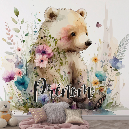 Papier peint panoramique enfant avec prénom personnalisable - Ourson