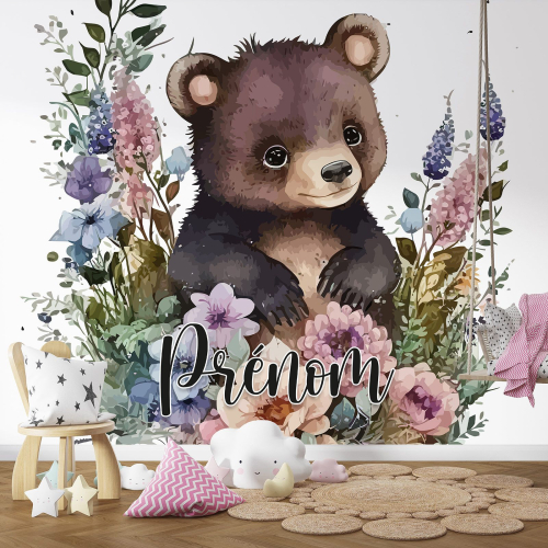 Papier peint panoramique enfant avec prénom personnalisable - Ourson Fleurs