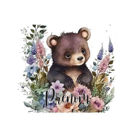 Papier peint panoramique enfant avec prénom personnalisable - Ourson Fleurs