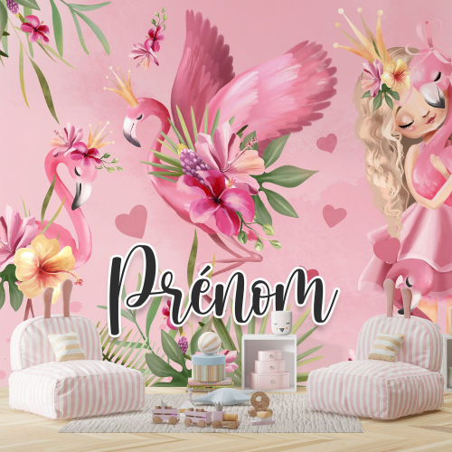 Papier peint panoramique enfant avec prénom personnalisable - Princesse Flamants Roses