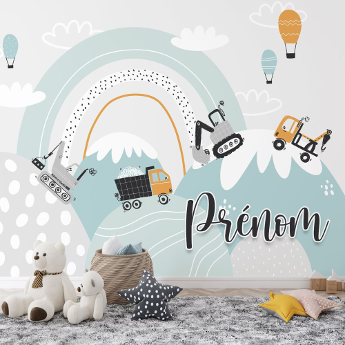 Papier peint panoramique enfant avec prénom personnalisable - Travaux