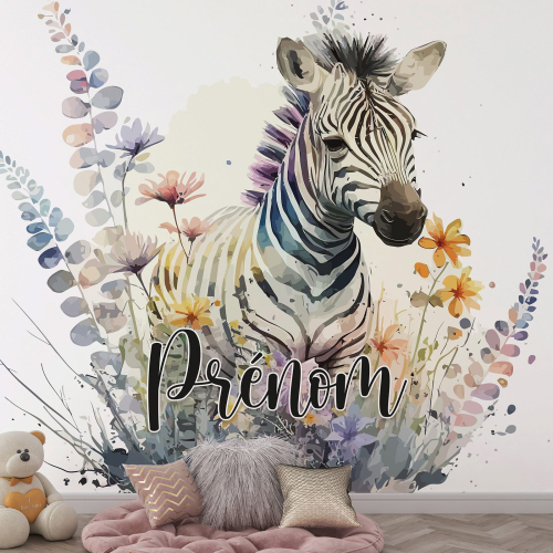 Papier peint panoramique enfant avec prénom personnalisable - Zèbre