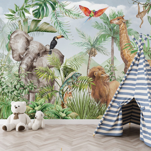 Papier peint panoramique Enfants - Animaux de la Jungle