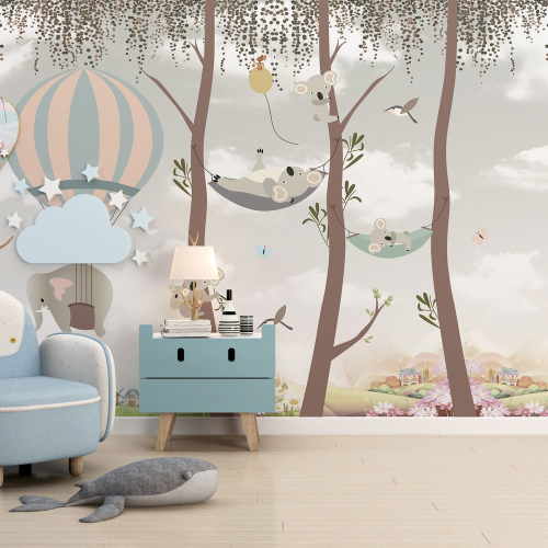 Papier peint panoramique Enfants - Animaux Montgolfière