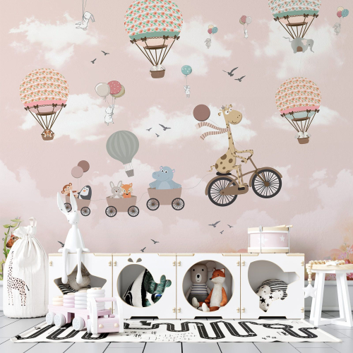 Papier peint panoramique Enfants - Animaux Montgolfières