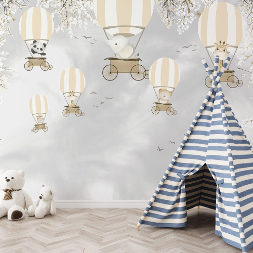 Papier peint panoramique Enfants - Animaux Montgolfières