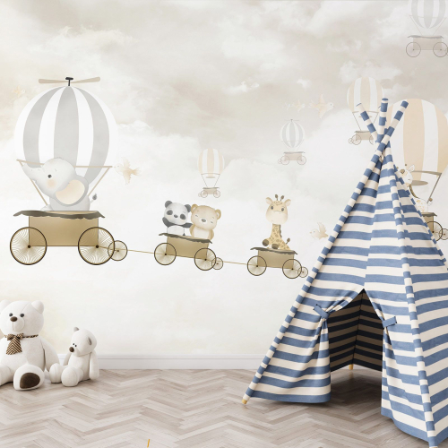Papier peint panoramique Enfants - Animaux Montgolfières