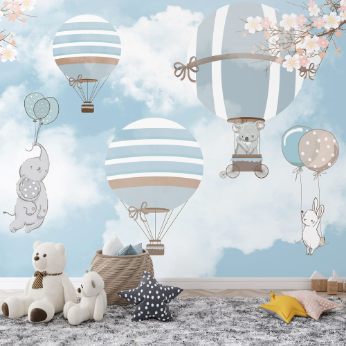 Papier peint panoramique Enfants - Animaux Montgolfières