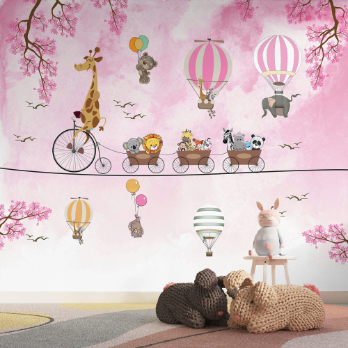 Papier peint panoramique Enfants - Animaux Montgolfières