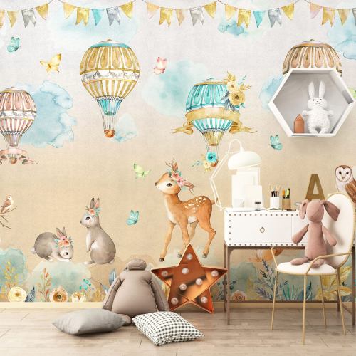 Papier peint panoramique Enfants - Animaux Montgolfières