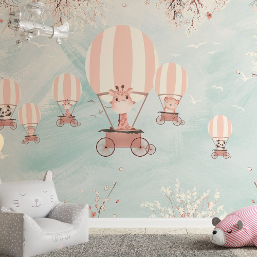Papier peint panoramique Enfants - Animaux Montgolfières