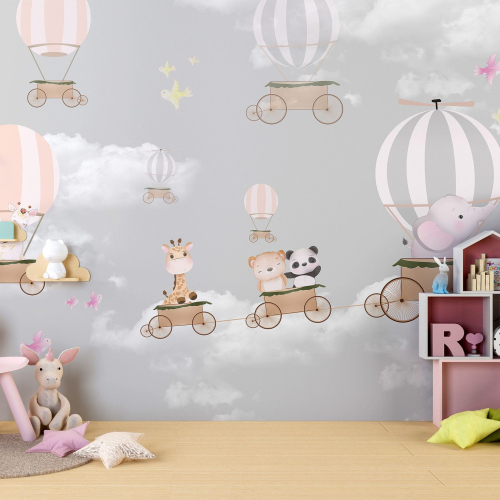 Papier peint panoramique Enfants - Animaux Montgolfières