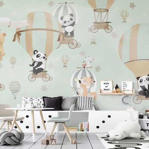 Papier peint panoramique Enfants - Animaux Montgolfières