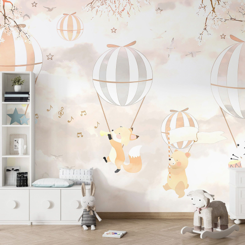 Papier peint panoramique Enfants - Animaux Montgolfières