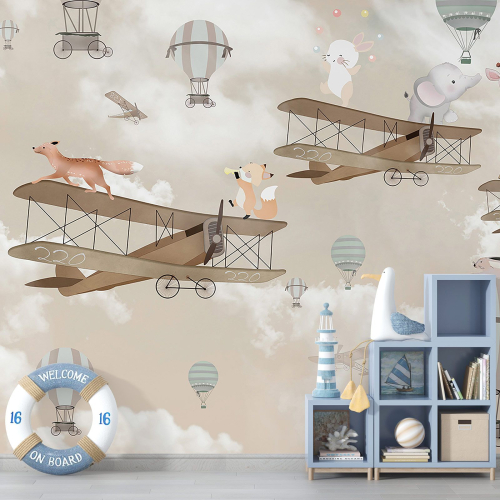 Papier peint panoramique Enfants - Animaux Montgolfières