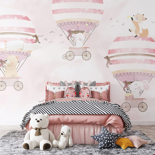 Papier peint panoramique Enfants - Animaux Montgolfières
