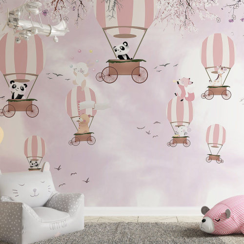 Papier peint panoramique Enfants - Animaux Montgolfières
