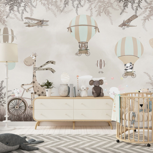 Papier peint panoramique Enfants - Animaux Montgolfières