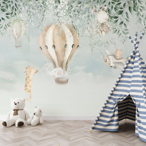 Papier peint panoramique Enfants - Animaux Montgolfières