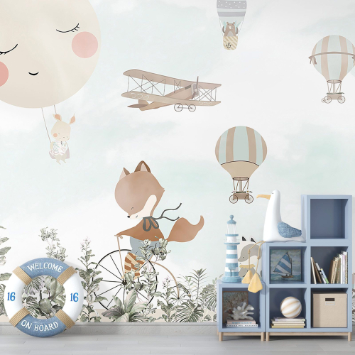 Papier peint panoramique Enfants - Animaux Montgolfières