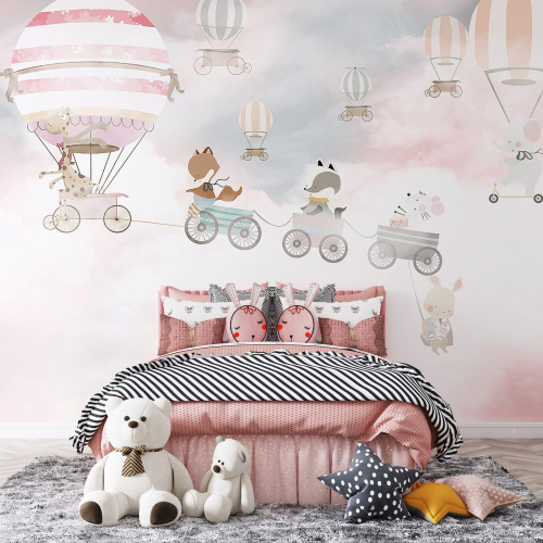 Papier peint panoramique Enfants - Animaux Montgolfières
