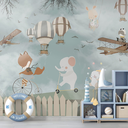 Papier peint panoramique Enfants - Animaux Montgolfières