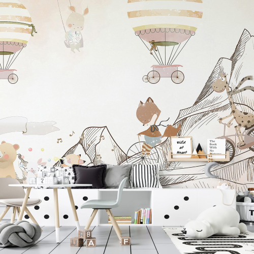 Papier peint panoramique Enfants - Animaux Montgolfières