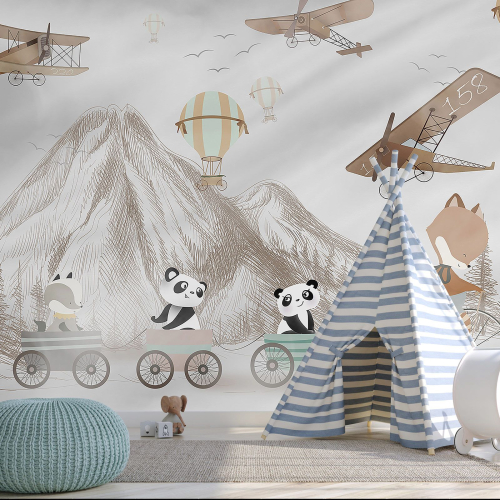 Papier peint panoramique Enfants - Animaux Montgolfières