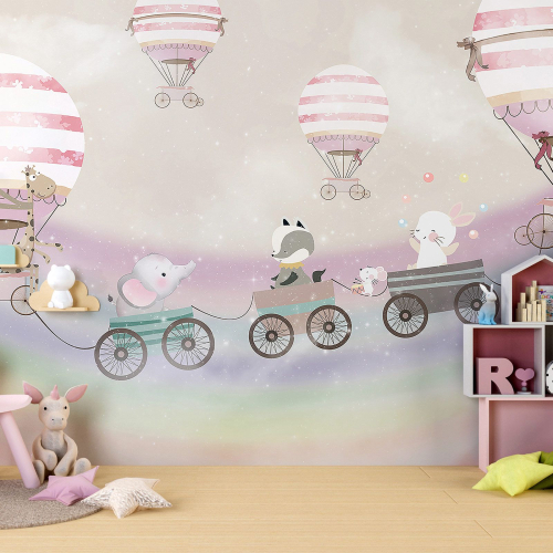 Papier peint panoramique Enfants - Animaux Montgolfières