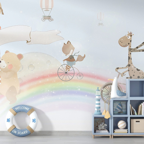 Papier peint panoramique Enfants - Animaux Montgolfières