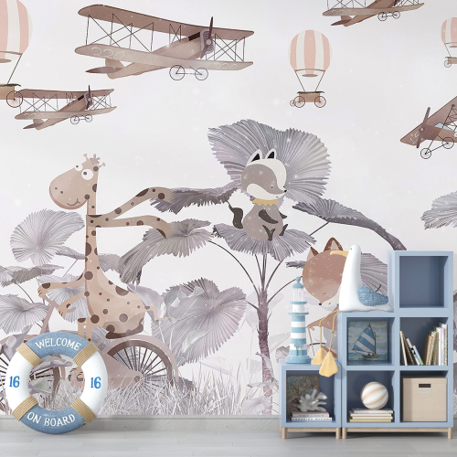 Papier peint panoramique Enfants - Animaux Montgolfières