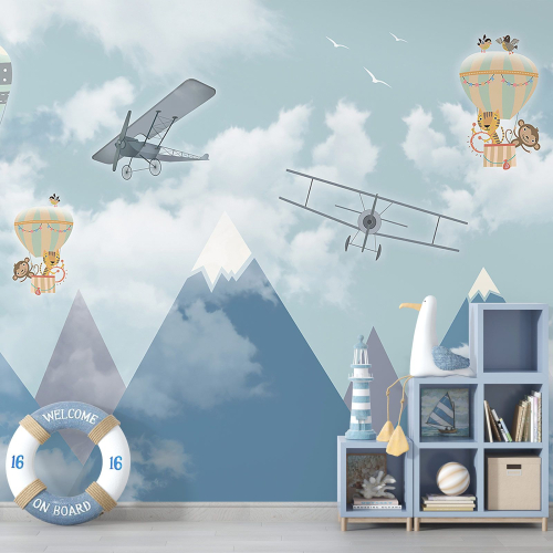 Papier peint panoramique Enfants - Animaux Montgolfières