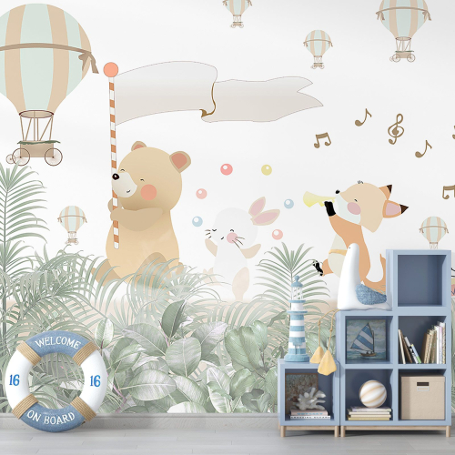 Papier peint panoramique Enfants - Animaux Montgolfières
